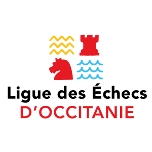 Logo Ligue sur fond blanc : 4 cases : Montagnes jaunes stylisées en haut à gauche Tour rouge en haut à droite Mer bleue stylisée en bas à droite Cavalier rouge en bas à gauche